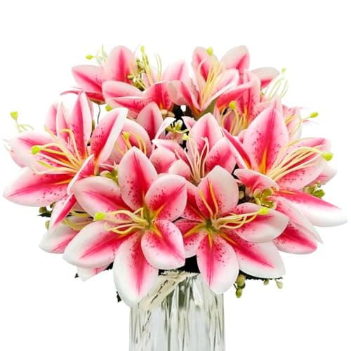 FOUSUKA 4 Bundles Artificial Tiger Lily Silk Flowers Faux Fake Lilies Plants for Wedding Bouquet Home Party Indoor Table Hotel Office Vases Floral Arrangements Outdoor Garden Decor (Rose Pink)