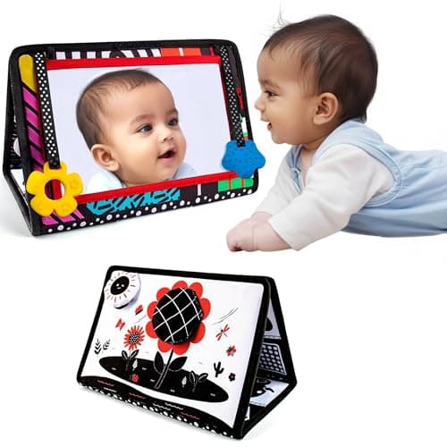 Kidology Baby Mirror Book Toy | Infant Sensory Development with Soft Silicone Teether Tummy Time with High Contrast Black & White Cards,Flaps & Foldable Design | New Born Gifts for 0–24 Months