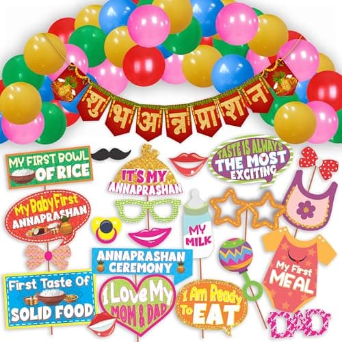 WOBBOX Annaprashan Party Props with Hindi Font Red & Golden Gliter Color Font Bunting Banner & Balloon, Annaprashan Decoration Item (43 Pcs Combo)