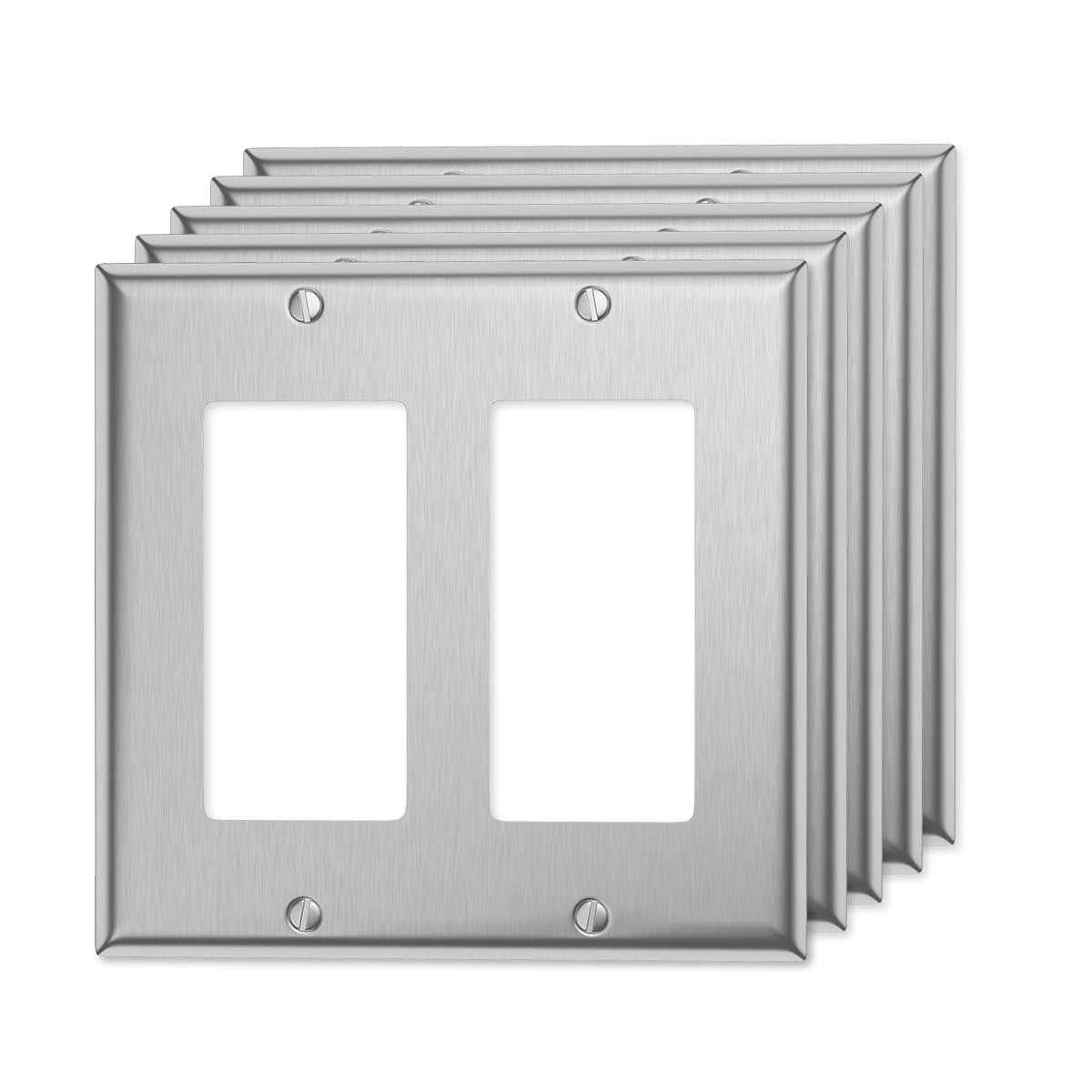 MLLIZH 2 Gang Decorator Outlet Covers Double Switch Plate Metal Rocker Wall Plate Stainless Steel Receptacle Outlet Covers for Light Switches Dimmers GFCI Receptacle USB Outlet 5Pack