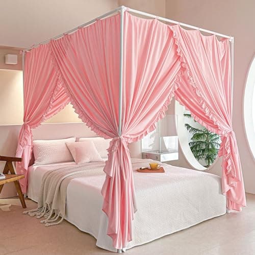 AIKASY Princess Canopy Bed Curtains with Top Ties - Windproof & Lightproof for Girls' Adult Bedroom Decor | Bed Canopy Drapes (Twin,Pink)