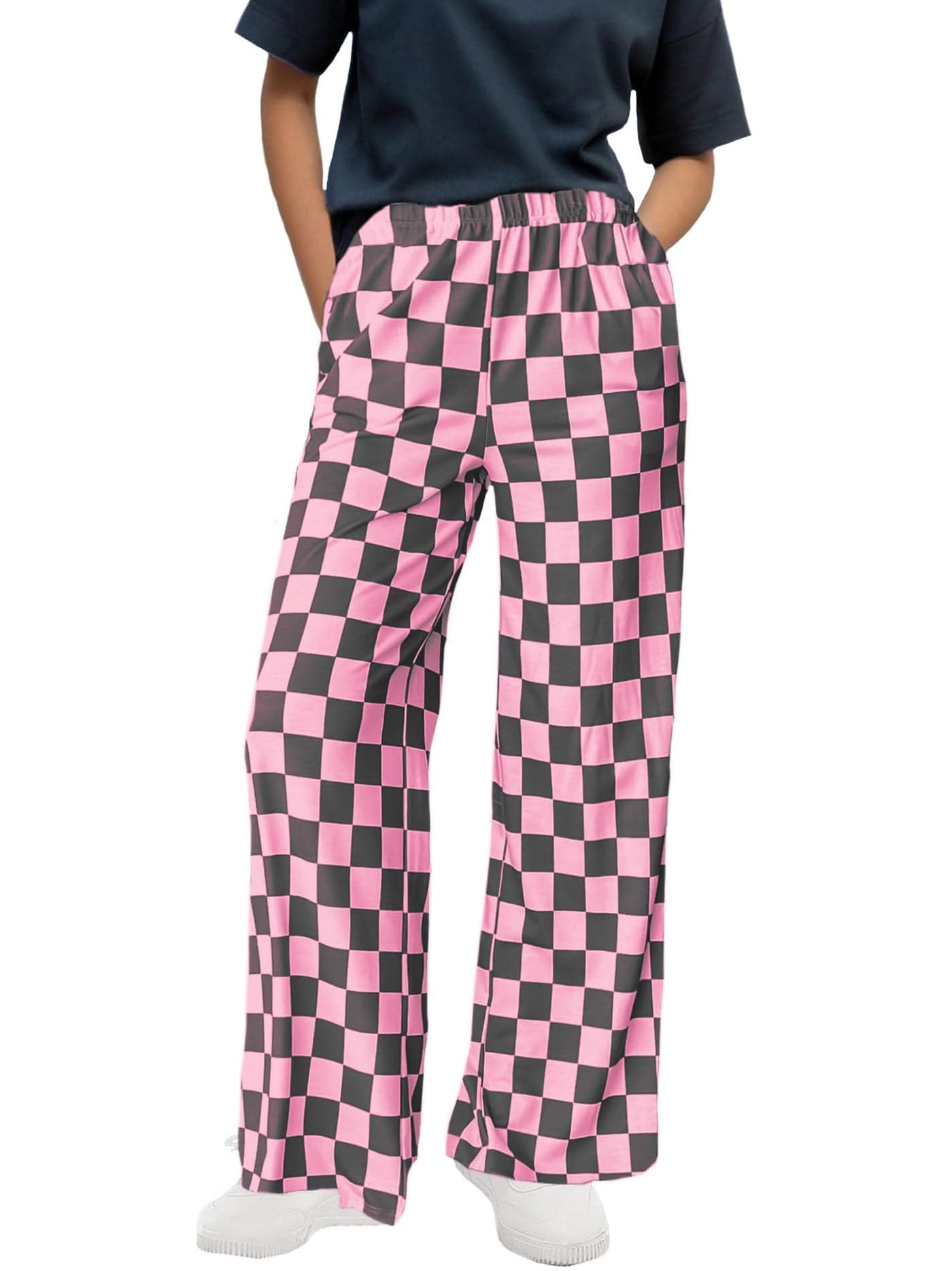 WSPLYSPJY Women's Casual Checkered Pants Elastic Waist Comfy Loose Wide Leg Pants with Pockets,XS - XXL Pink L