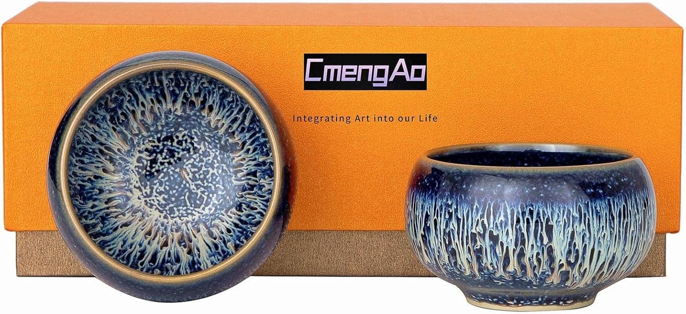 Tenmokus Tea Cups Jianzhan Ceramic Teacup Traditional Chinese Tea Cups Set of 2 Starry Sky Glaze Porcelain Tea Bowls for Tea and Coffee 44 OZ