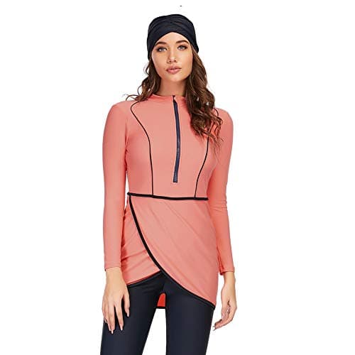 YONGSEN 2024 Women Modest Muslim Swimwear Patchwork Hijab Sport Long Sleeves Swimsuit 3pcs Islamic Burkinis Wear Bathing Suit (Large,Pink)