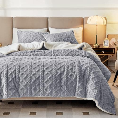 Joyreap 3Piece Fluffy Faux Fur Sherpa Comforter Set Light Gray Queen Size Luxury Tufted Bedding Comforter Set All Season Soft n Cozy Plush Comforter Bed Set 88x88 inches