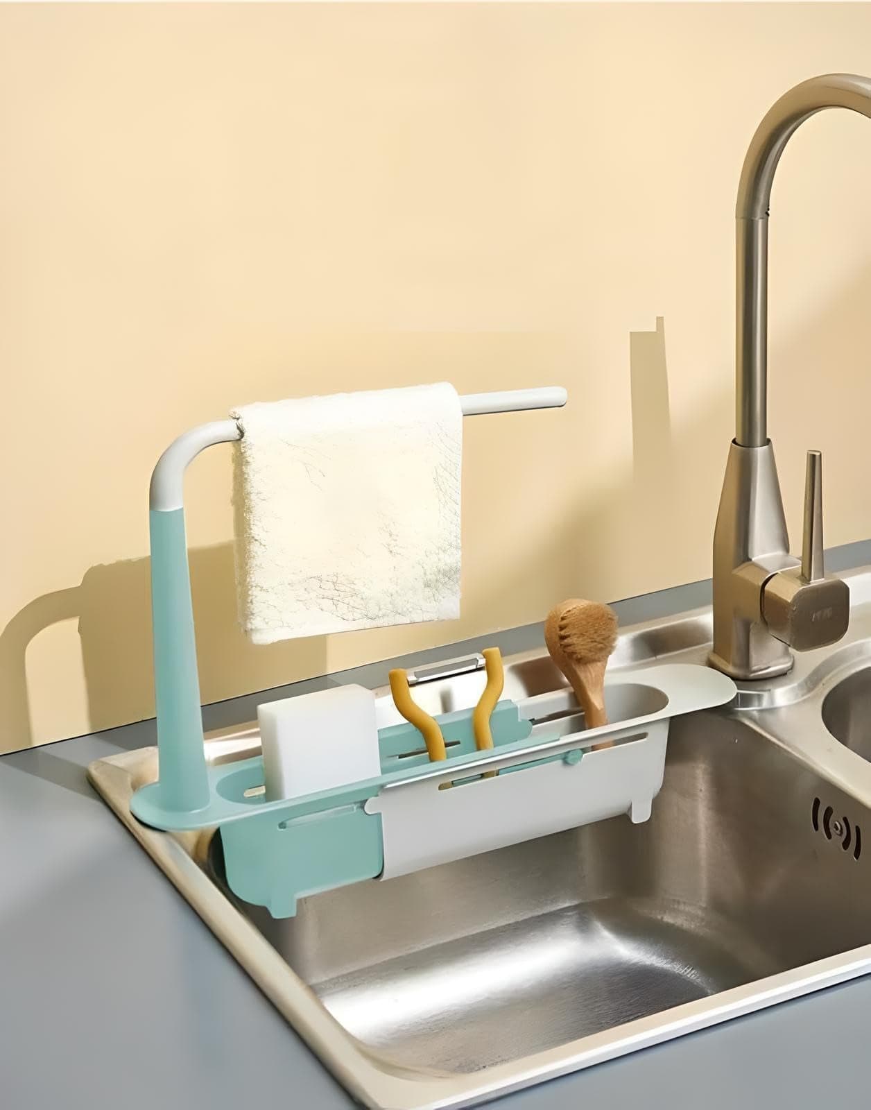 UPKARANWALE Multipurpose Sink Storage Rack Towel Holder Durable for Countertop Bathroom Beige Kitchen, Dining & Bar | Kitchen Storage & Organization | Racks & Holders (Plastic, Multicolour, Pack of 1)