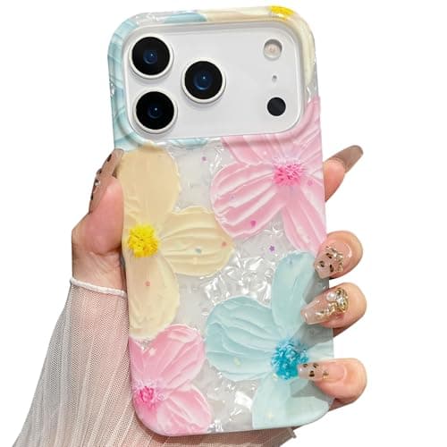 Jmltech for iPhone 17 Pro Case Girly Aesthetic Floral Women Trendy Luxury Cute Shockproof Flowers with Beaded Phone Charms Strap Lanyard Oil Painting Flexible Silicone Phone Case for iPhone 17 Pro