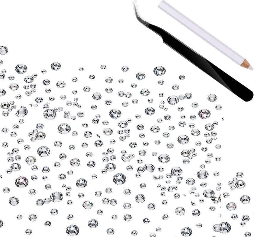 DIY Crafts 100 Pcs, Random Sizes White, Flat Back Gems Round Crystal Rhinestones (1.5-6 mm) Silver Pick Up Tweezer and Rhinestones Picking Pen for Crafts Nail Face Art C (100 Pcs, Random Sizes White)