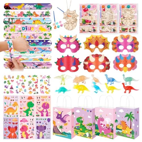 Vanblue 96Pcs Pink Dinosaur Party Favors Dino Themed Party Birthday Decorations Decorate The Birthday Party Supplies for The Girls Gifts Fillers Classroom Rewards Goodie Bag Stuffers