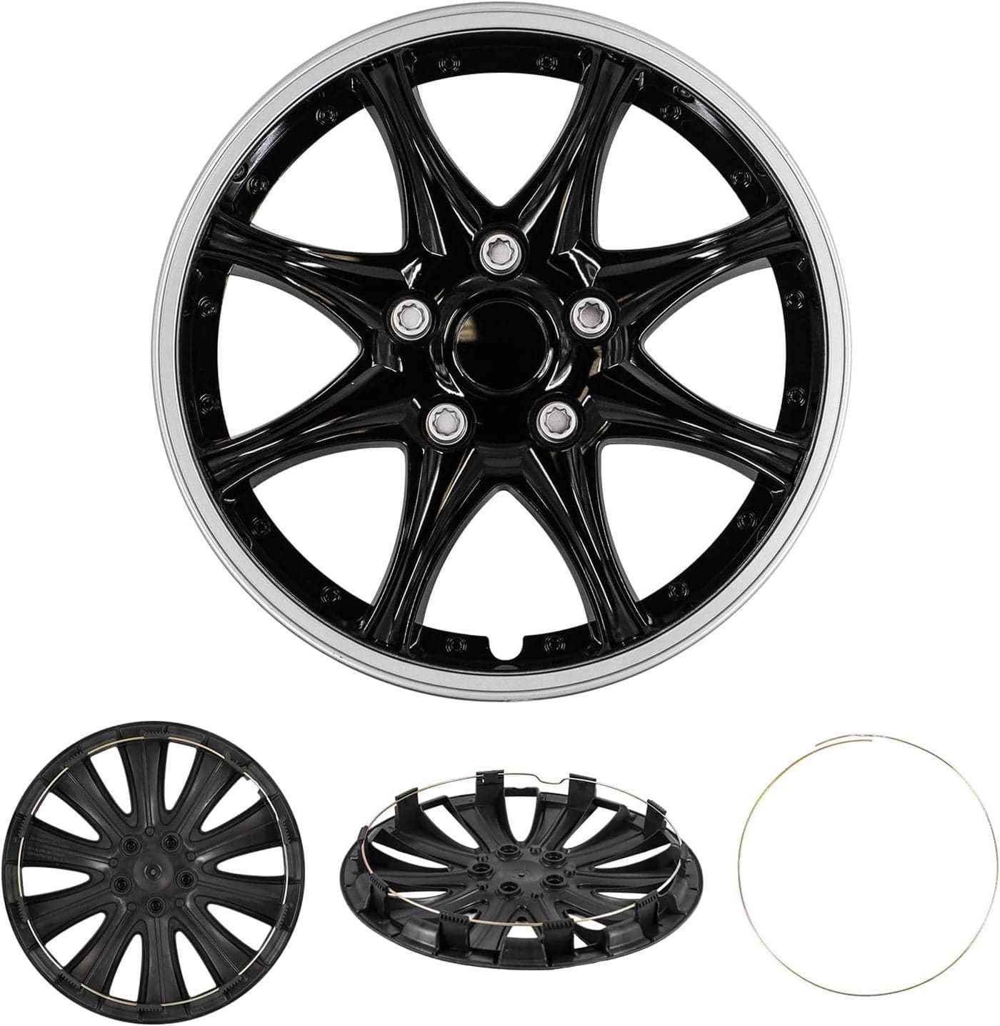 Cobra-Tek Set of 4 JDM Black Silver Hubcaps for 15 Inch Steel Wheels