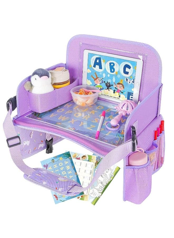 MENZOKE Car Seat Tray for Kids Travel, Kids Travel Tray with Educational Drawing Board, Tablet Holder & Cooler Cup Holder, Holiday Gifts for Car Trip, Purple