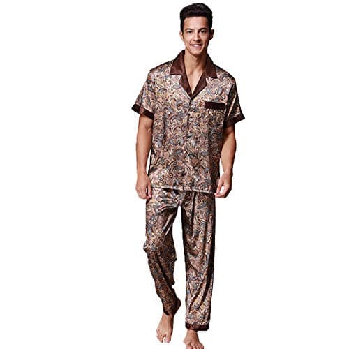 ZUEVI Men's Silk Satin Short Sleeve Pajamas Set Dragon Pattern Loungewear Button Down Pjs Set for Men(Coffee-M)