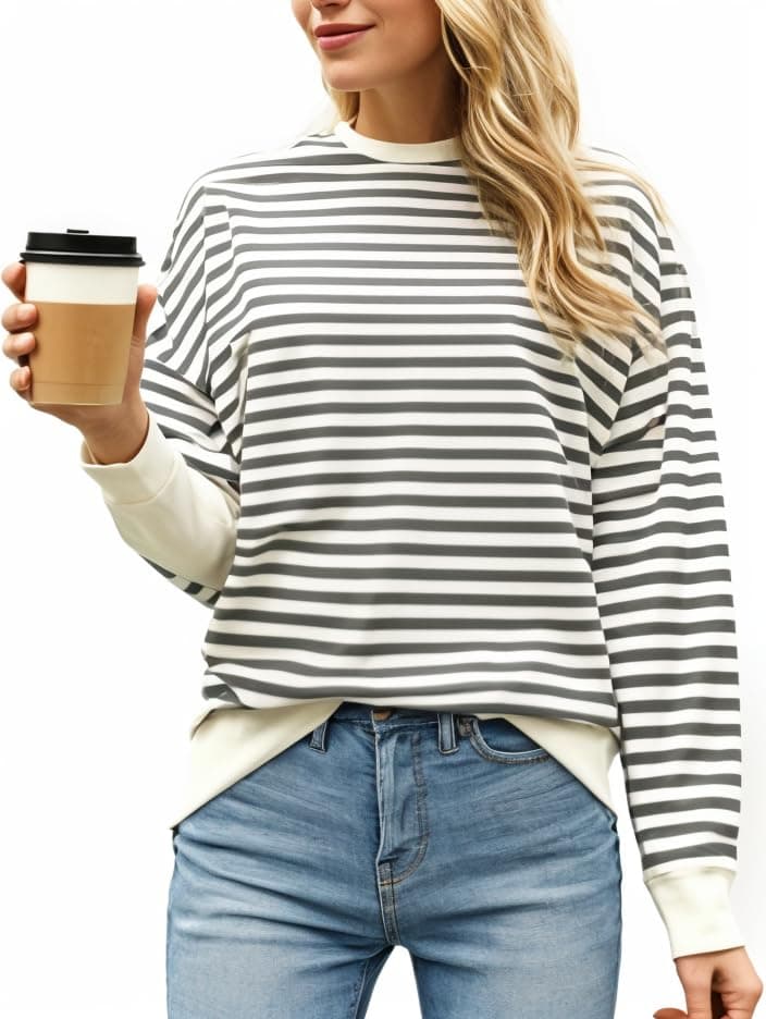 Mack Jonney Women's Grey Striped Long Sleeve T-Shirt - M