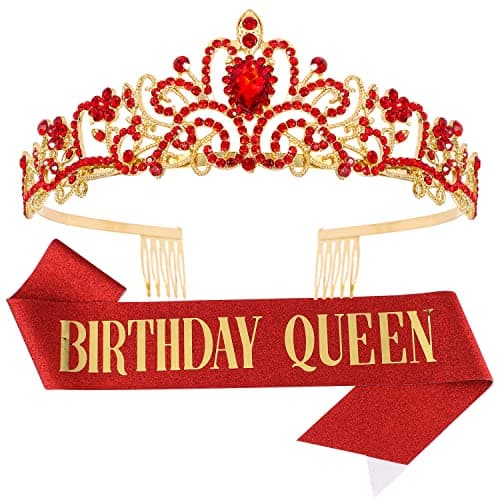 Happy Birthday Queen Tiara Crowns for Women, Red Sash, Party Favors Supplies Gift, 30th Decorations, Stuff Accessories