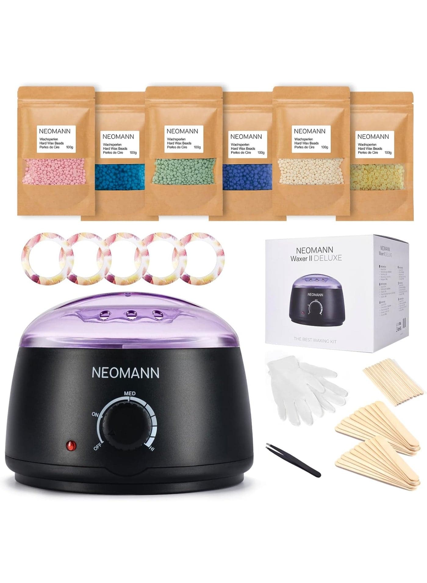 NEOMANN Deluxe Kit Waxing Set for Warm Wax Hair Removal Wax Hair Removal Non-Stick Coating Waxing Kit Wax Warmer with 600 g Wax Beads 30 Wooden Spatulas Paper Rings TweezersNEOMANN Deluxe Kit Waxing Set for Warm Wax Hair Removal Wax Hair Removal Non-Stick Coating Waxing Kit Wax Warmer with 600 g Wax