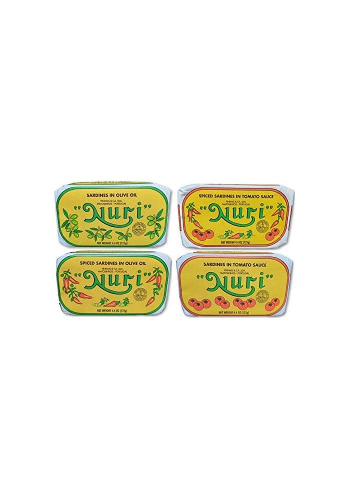NURI Portuguese Sardines Variety Pack 4 Pack Bundle One of Each Pure Olive Oil Spiced Pure Olive Oil Tomato and Olive Oil AND Spiced Tomato and Olive Oil