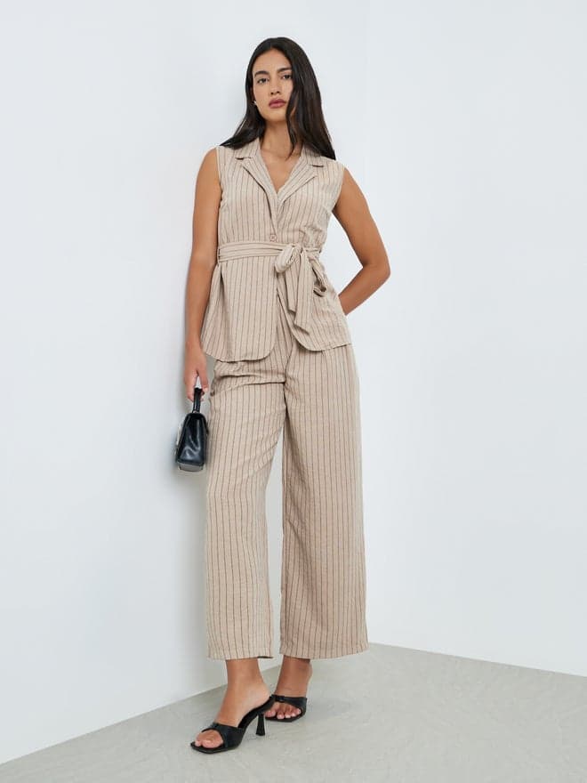Styli Beige Striped Blazer and Wide Leg Pants Co-ords