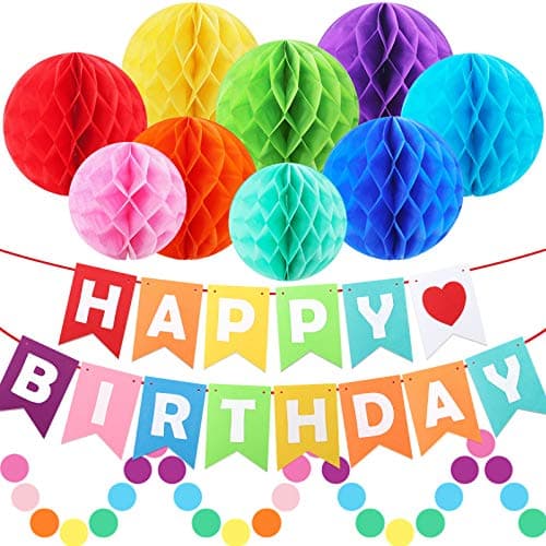 ZJHAI Happy Birthday Banner Decorations Rainbow Birthday Decorations Set Paper Flags with 9 Honeycomb Balls and Circle Dots Garland for Door Backdrop Wall Hanging Birthday Party Supplies