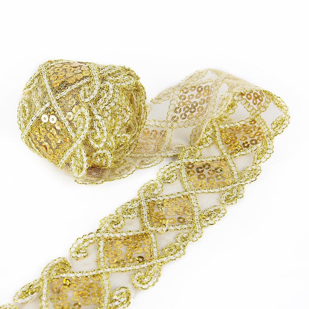 Sequins Lace Mesh Trim Lace Ribbon Applique Sewing Craft Supplies 10 Yards for Clothing Curtain Table Runner Making Decorating Gold