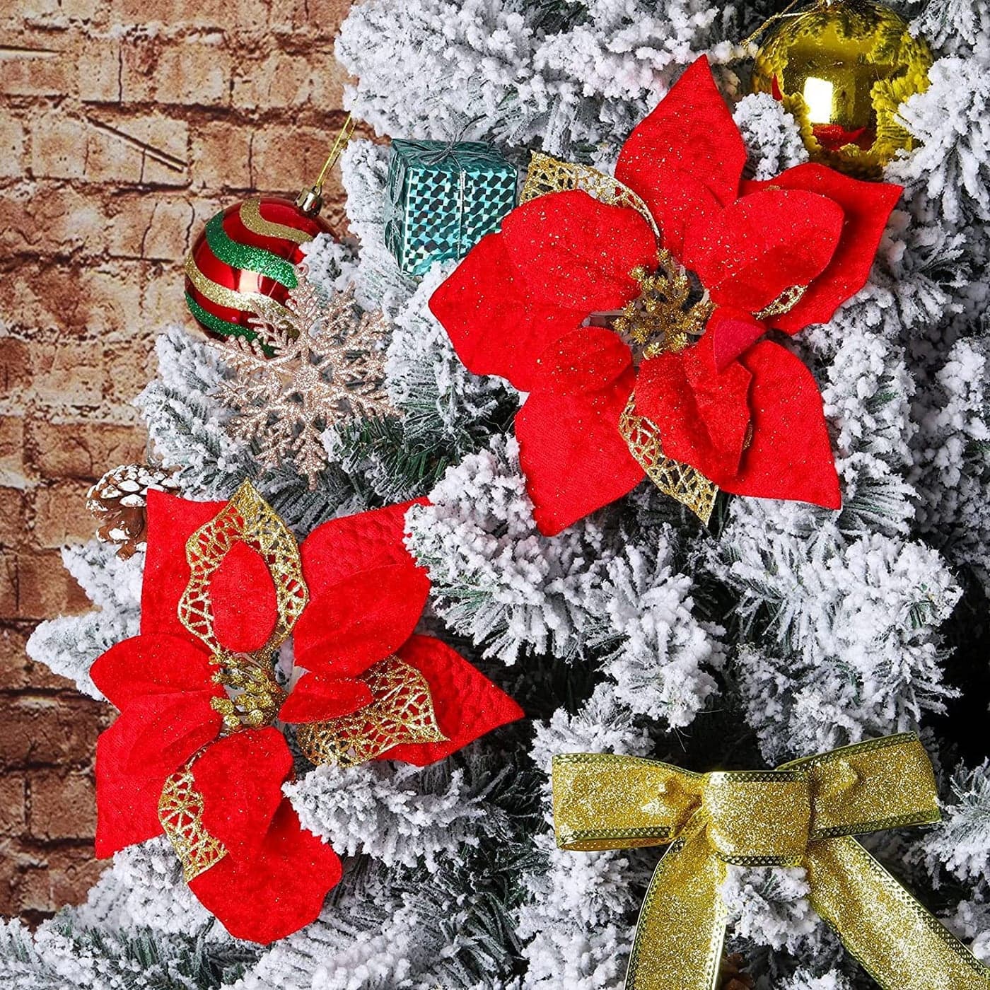Forty Wings 3 Pcs Big Artificial Velvet Glitter Poinsettia Christmas Flowers for Xmas Tree Floral Ornaments Wreath Decor Christmas Xmas Party Decoration DIY Christmas Craft