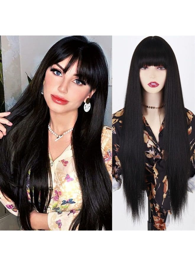 Long Black Wigs with Bangs, Straight Black Wigs for Women, Synthetic 30 Inch Long Straight Black Bangs Wig for Daily Wear