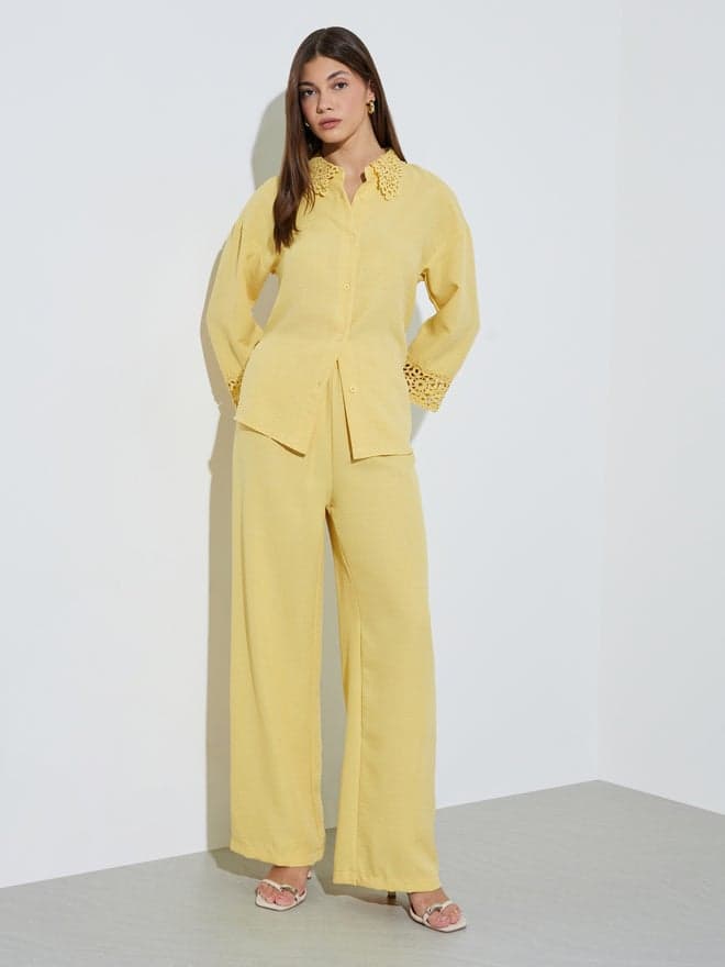 Styli Yellow Lace Trim Shirt and Wide Leg Pants Co-ord Set