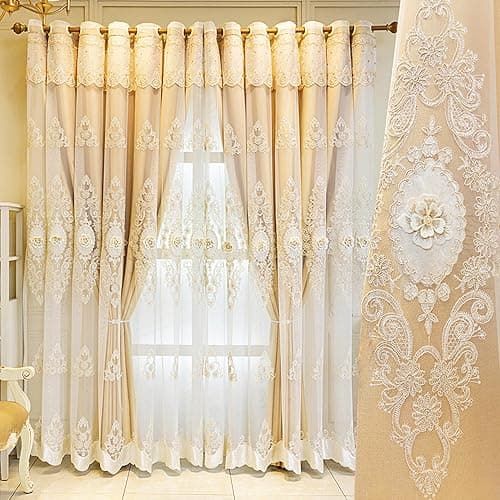 Amidoudou 1 Pair European Double Layer Curtains with Valance for Living Room Bedroom Luxury 3D Flower Embroidered Curtains (Yellow,51x90 Inch)