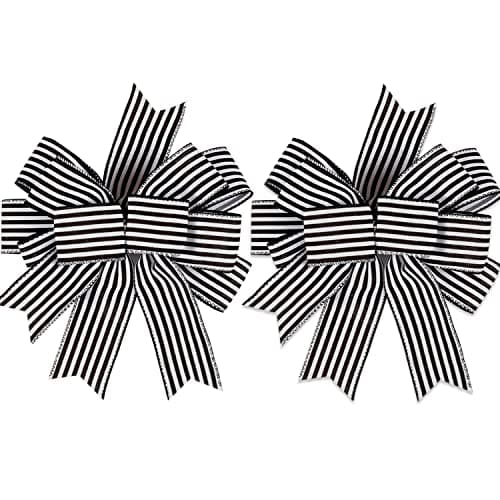 2 Pack Black White Stripe Halloween Fall Bows for Wreaths,12”x9.4”Black and White Christmas Decorations Bow for Gift Wrapping Tree Topper Wedding Holiday Birthday Party Wall Home Front Door