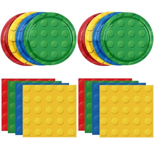 DURYGEN 80PCS Building Blocks Themed Birthday Party Decorations Colorful Building Block Tableware Paper Plates Napkins Set for Boys Kids Birthday Party Decorations Serve 20