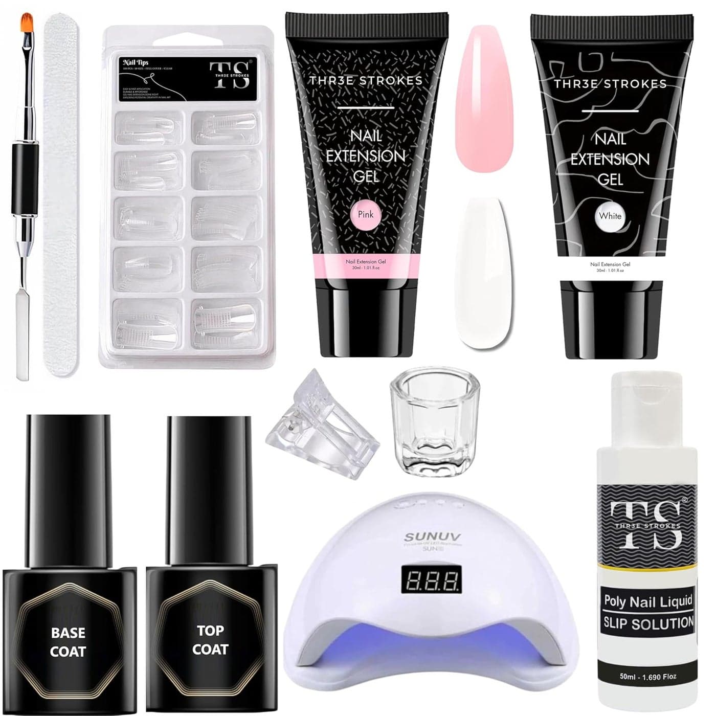 THR3E STROKES Polygel Nail Extension Kit Glossy Finish 30 ml Each White Pink RE867