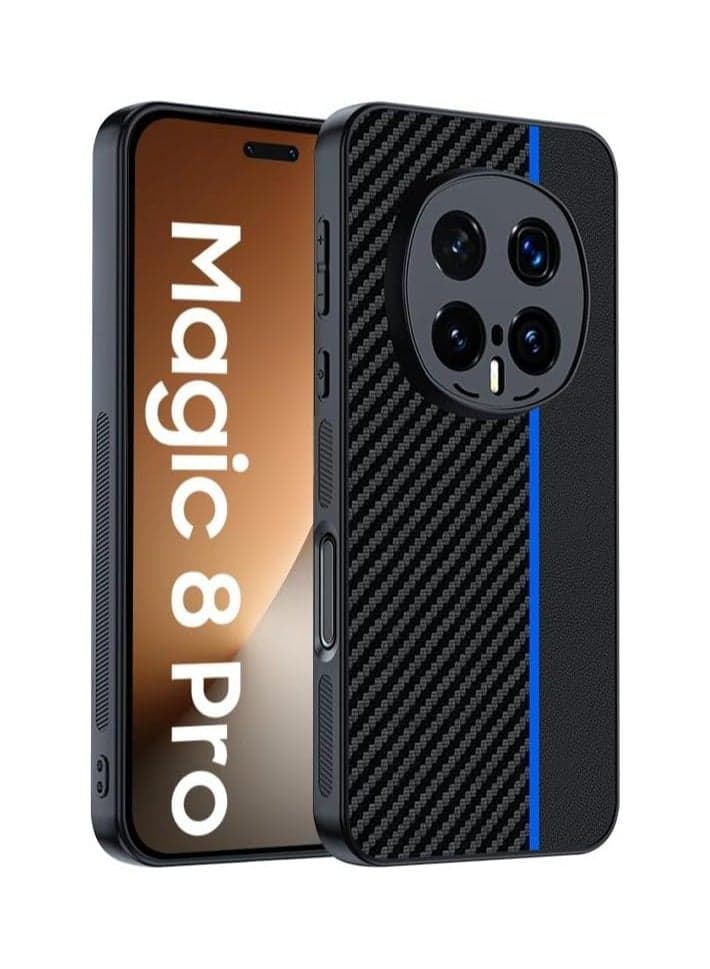 Compatible with Honor Magic 8 Pro, this carbon fiber-textured vegan leather case features a soft bumper design. Slim and lightweight, it provides drop and shock protection for your phone's back cover.