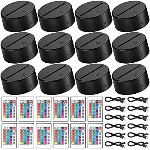 Honoson 12 Sets 3D Night LED Light Lamp Base 16 Colors LED Light Display Base with Remote Control USB Cable for Acrylic and Resin Glass for Restaurant Room(3.35 Inch,Black)