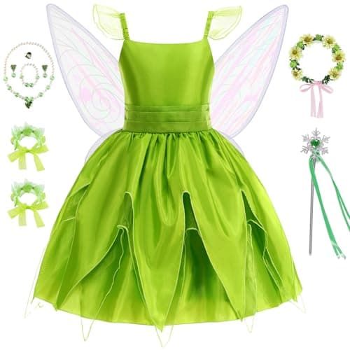 ZALOORIY Tinkerbell Fairy Costume for Girls Princess Dress with Detachable Wings and Accessories (Green, 7-8T)