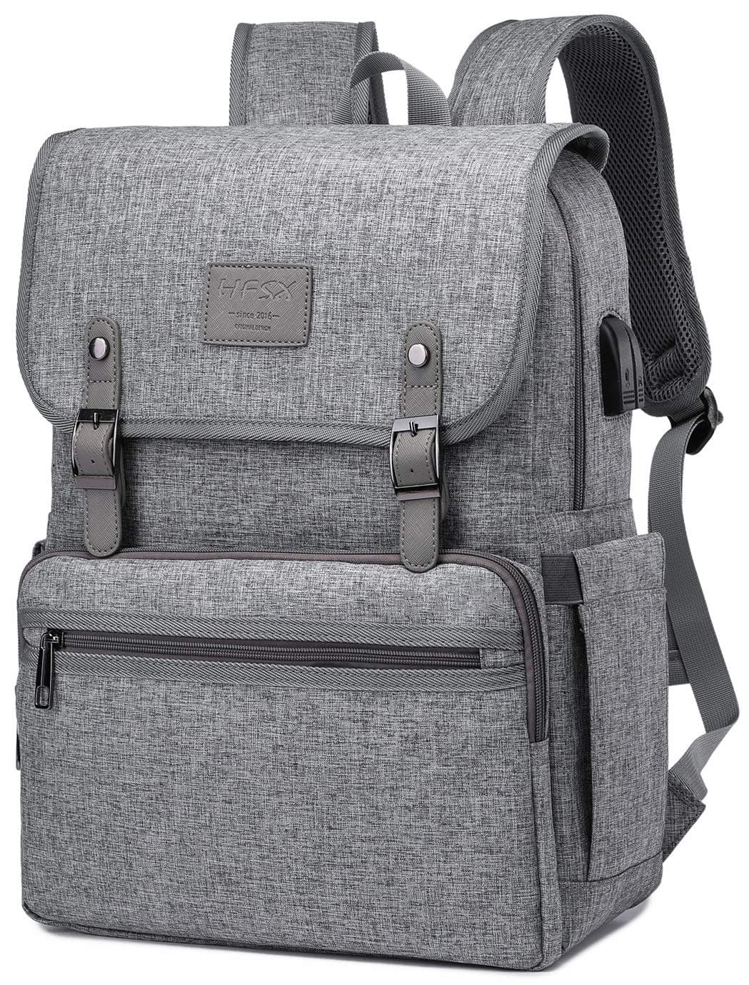 HFSX Laptop Backpack Men Women Vintage Backpack Bookbag College Backpacks Stylish Backpack Grey Fits 15.6 Inch Laptop