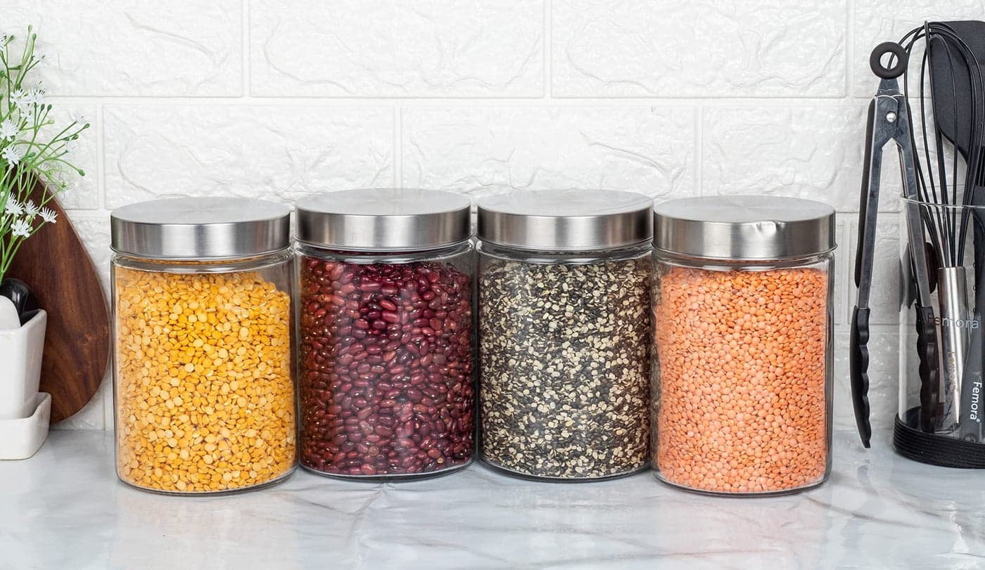 Femora Glass Jars for Kitchen| Glass Storage Containers Jars for Kitchen| Round Glass Jars| 1 Year Warranty| Airtight Lid| Jars for Snacks, Fry Food, Masala, Spice, Pickles, Cookies| 1100ml| Pack of 4