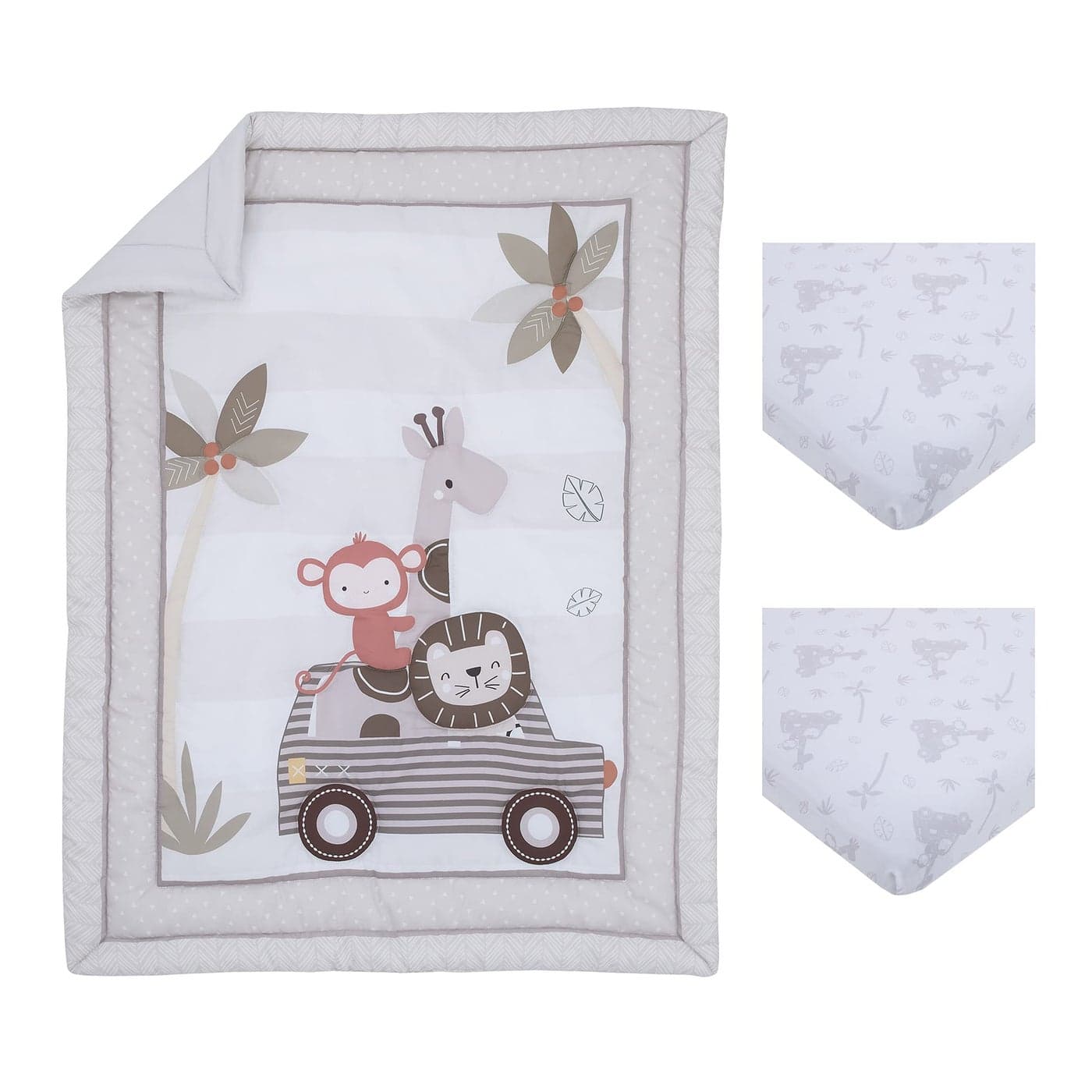 Little Love by NoJo Jungle Ride Grey White and Brown Monkey Giraffe and Lion 3 Piece Nursery Mini Crib Bedding Set Comforter Two Fitted Mini Crib Sheets