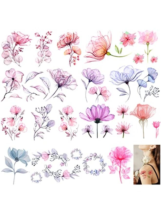 Casciybo Flower Temporary Tattoos for Women Girls 10Sheets Fake Watercolor Rose Lily Tattoo Stickers Waterproof Art for Face Body Arm Birthday Party Favors Makeup Supplies Gifts