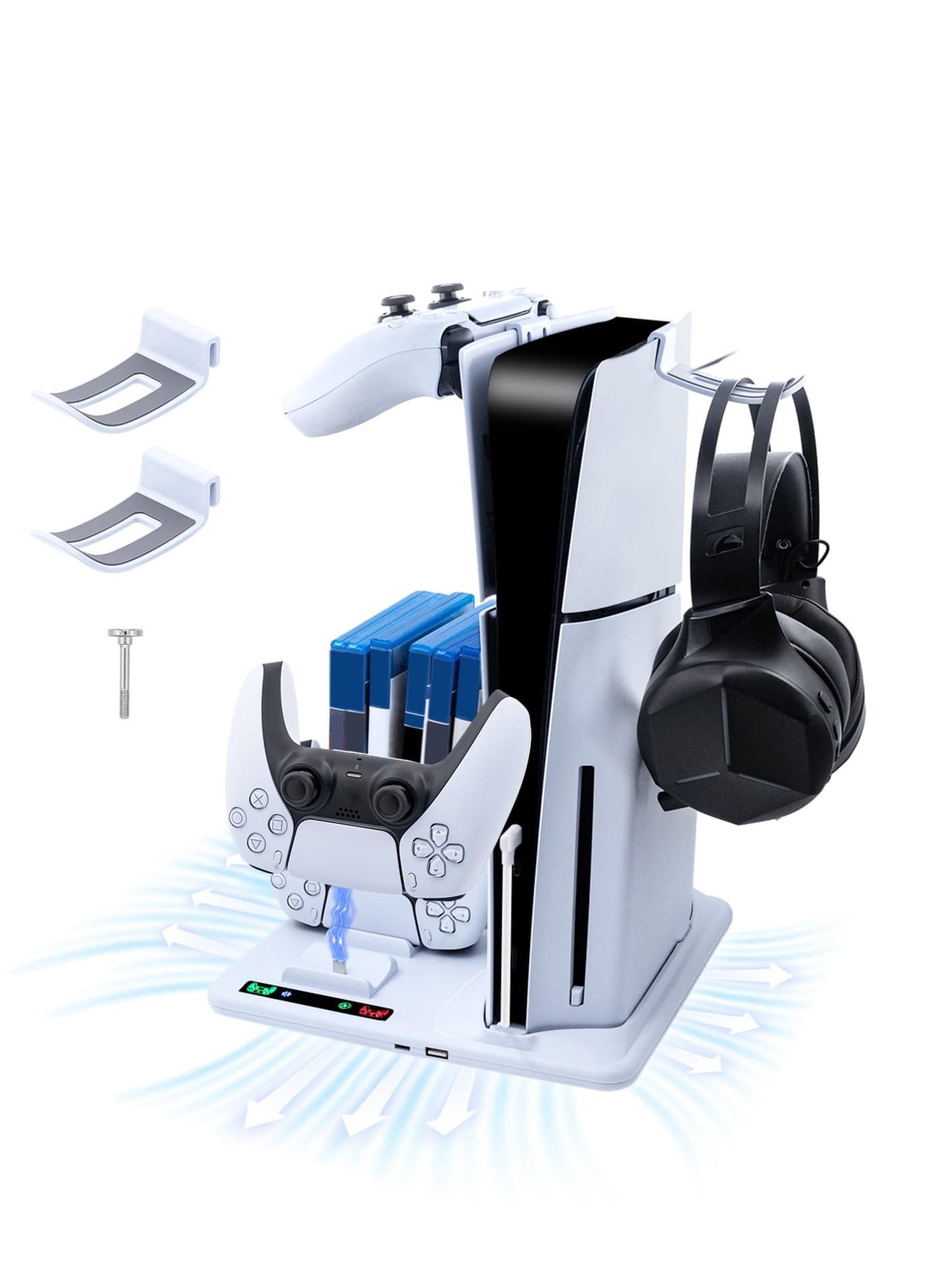 PS5 Slim Cooling Stand Dock with Dual PS5 Controllers Charging Station For PS5 Slim Console Cooling Station with 6 Game Disc Slot Organizer/with 2 Headphone Hangers
