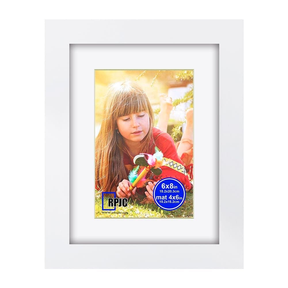 RPJC 6x8 inch Picture Frame Made of Solid Wood and High Definition Glass Display Pictures 4x6 with Mat or 6x8 Without Mat for Wall Mounting Photo Frame White