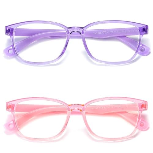 AHXLL Kids Blue Light Blocking Glasses 2 Pack, Anti Eyestrain & UV Protection, Computer Gaming TV Phone Glasses for Boys Girls Age 3-9 (Transparent Purple+ Transparent Pink)