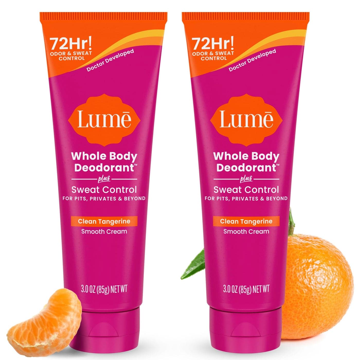 Lume Whole Body Deodorant Plus Sweat Control Smooth Cream Tube 72 Hour Odor And Sweat Control Baking Soda Free Skin Loving 30 ounce Pack of 2 Clean Tangerine