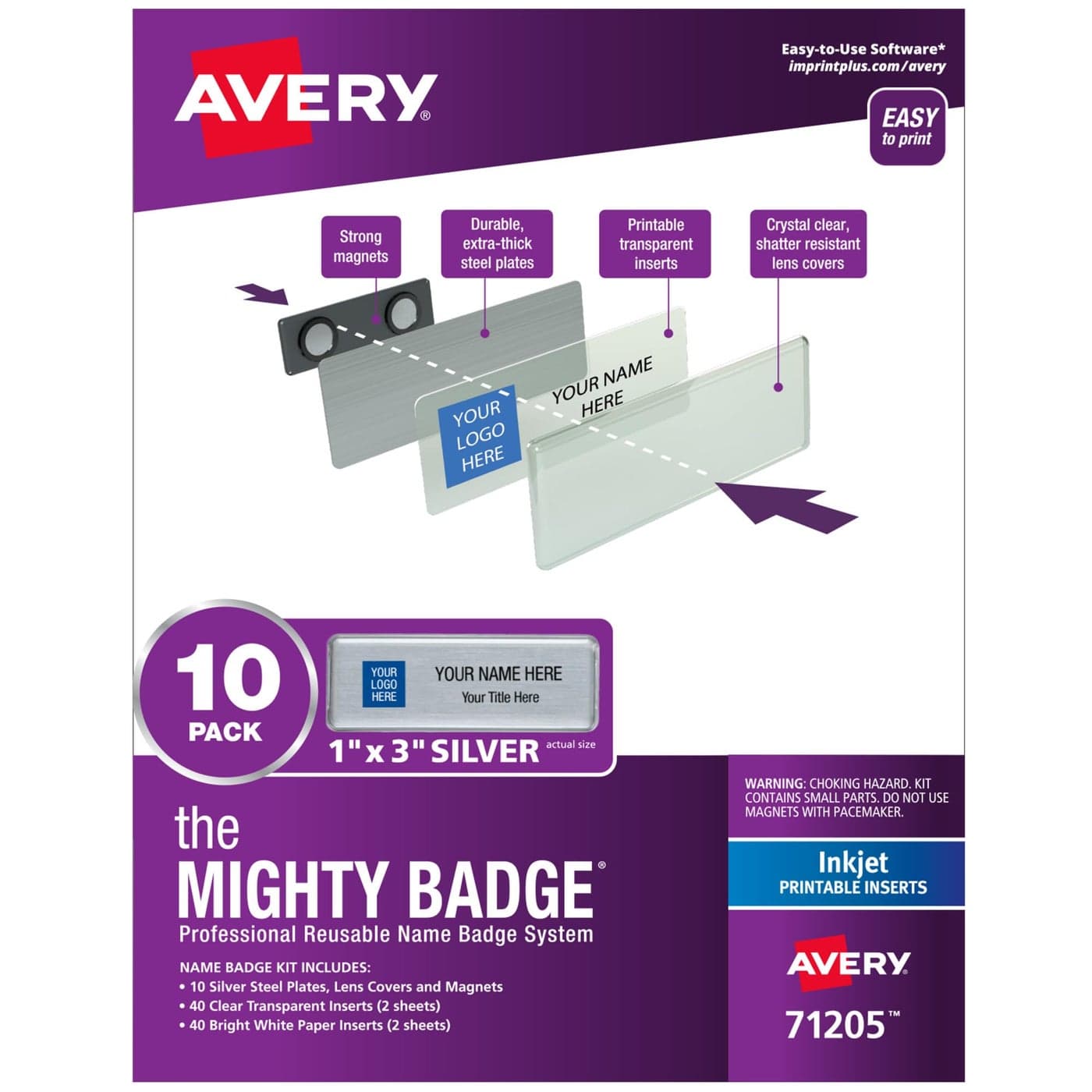 The Mighty Badge by Avery 1 x 3 Silver Name Tags 10 ID Badges 80 Inserts for Inkjet Printers 71205