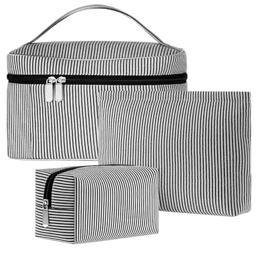Huhumy 3 Pieces Makeup Bag Set for Women Cute Seersucker Cosmetic Pouch Travel Toiletry Bag Preppy Small Makeup Purse Pouch Aesthetic Skincare Brushes Storage Organizer for WomenBlack