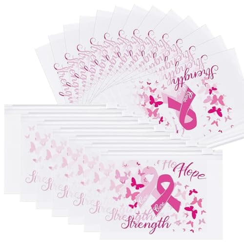 60 Pcs Breast Cancer Awareness Makeup Bags Set, Waterproof EVA Travel Toiletry Bags with Pink Ribbon Design, Strength, Cure, Hope, Perfect for Women and Girls, Cancer Survivor and Charity Party Gifts
