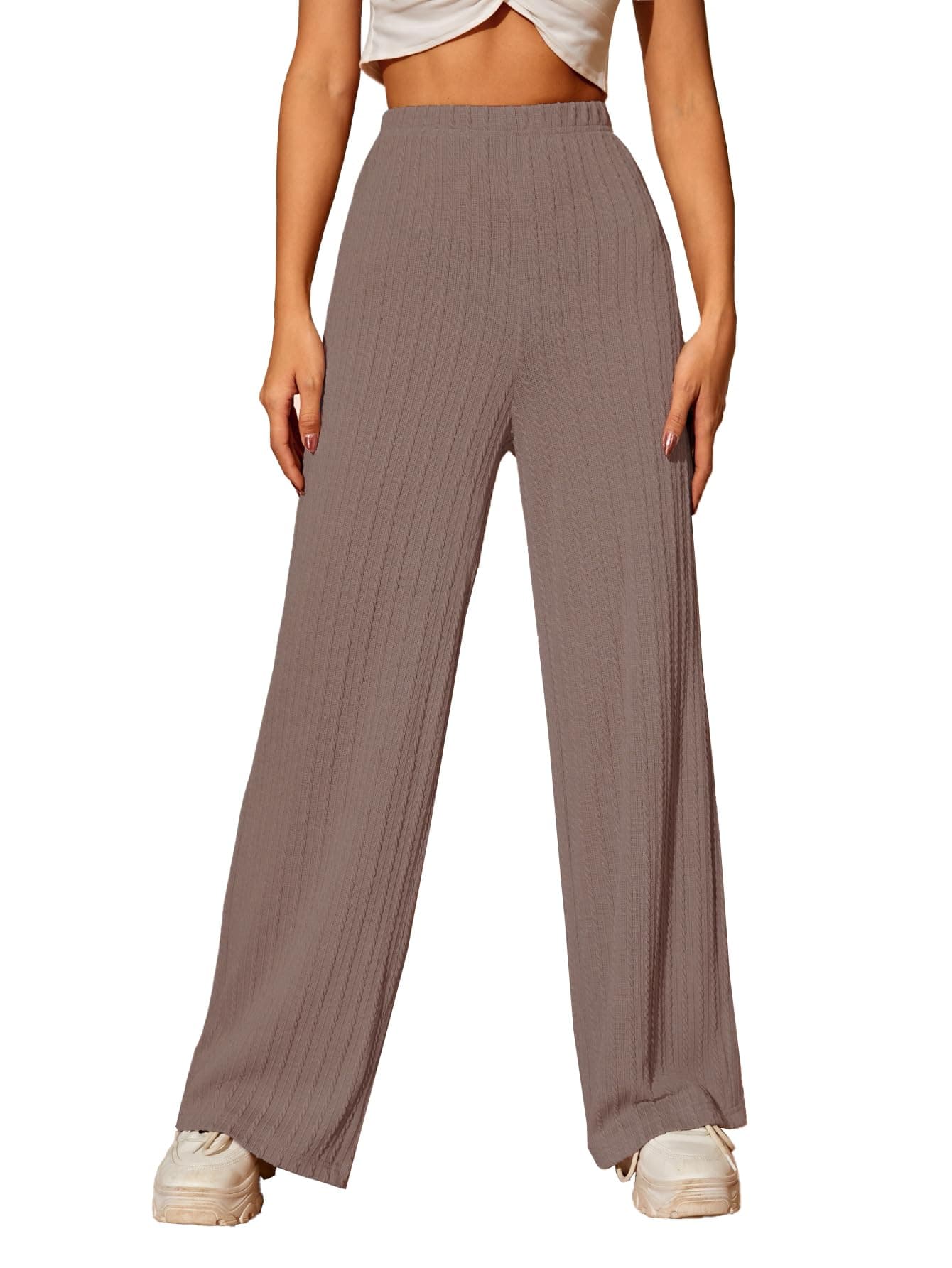 TOPLOT Women's Ribbed Knit Wide-Leg Pants || Trousers for Woman (Jqrd-Trouser-5252-Brown-36)