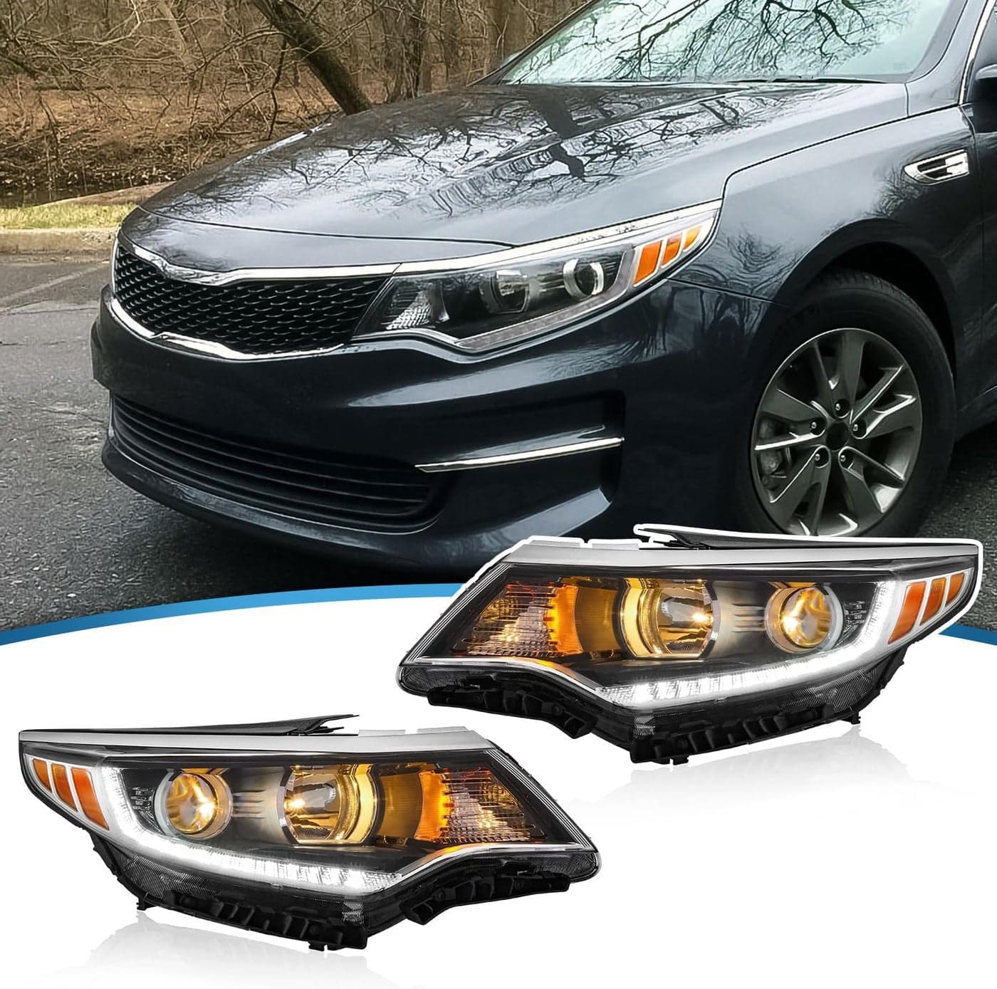 TTUN AUTO Full LED Projector Headlight for 2016-2018 Kia Optima - Black Housing Clear Lens