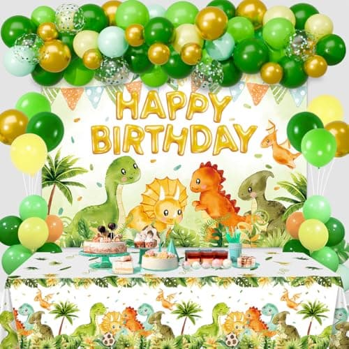 Dinosaur Birthday DecorationsDino Birthdays Party Supplies for Kids Green Balloons Arch Garland KitHappy Birthday Dinosaur Backdrop Tablecloth for Three Rex Bday Party Decorations for Boy