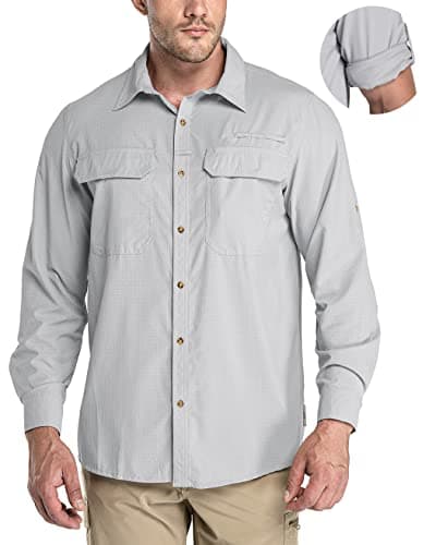 33,000ft Men's Long Sleeve Sun Protection Shirt UPF 50+ UV Quick Dry Cooling Fishing Shirts for Travel Safari Camping Hiking Silver Grey