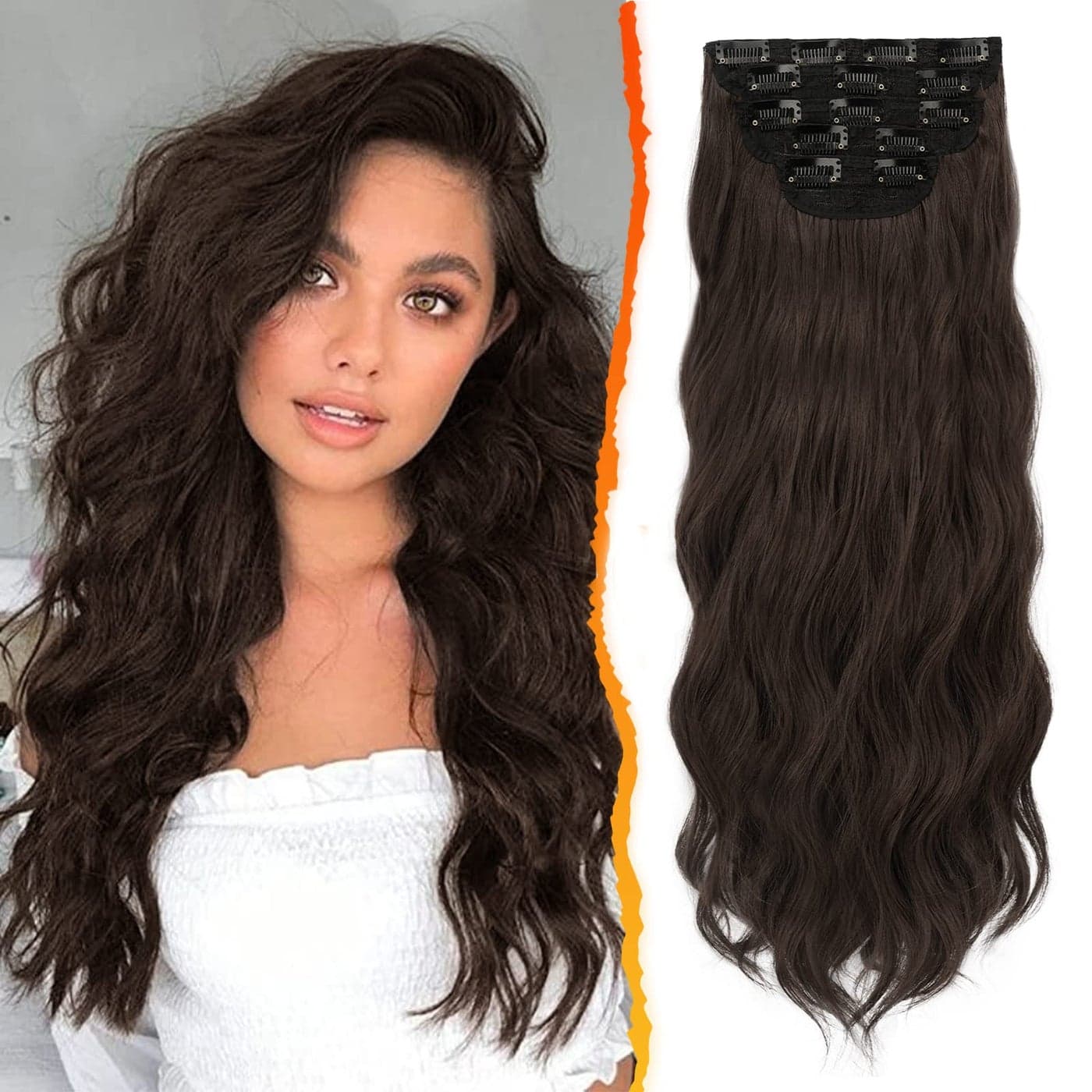 BARSDAR Wavy Clipin Hair Extensions 20 Inch Brown 5PCs Thick Soft Synthetic Clipin Hairpieces for Daily Party Halloween Dark Chocolate Brown