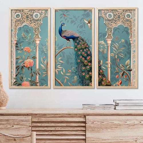 walllane Traditional Indian Art Pichwai Wall Hanging Paintings | Painting for wall Decoration | Traditional Indian Art Pichwai Wall Décor Paintings Set of 3 (10x19 inch, G)